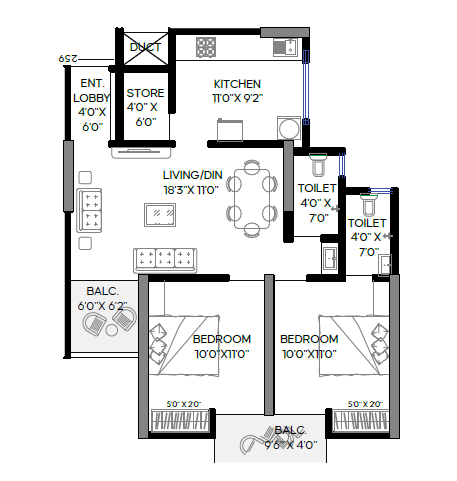 2bhk unit plan of topaz towers